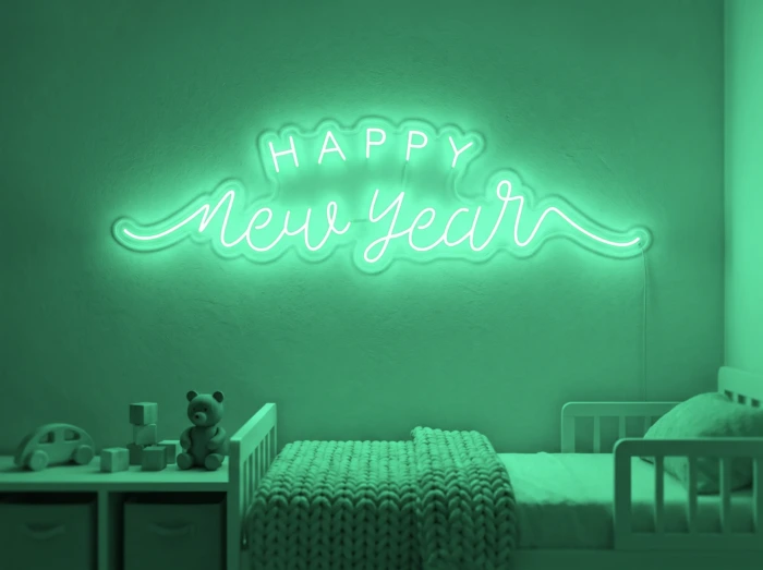 Neonskylt «Happy New Year» i mintgrön LED-neon, monterad på vägg