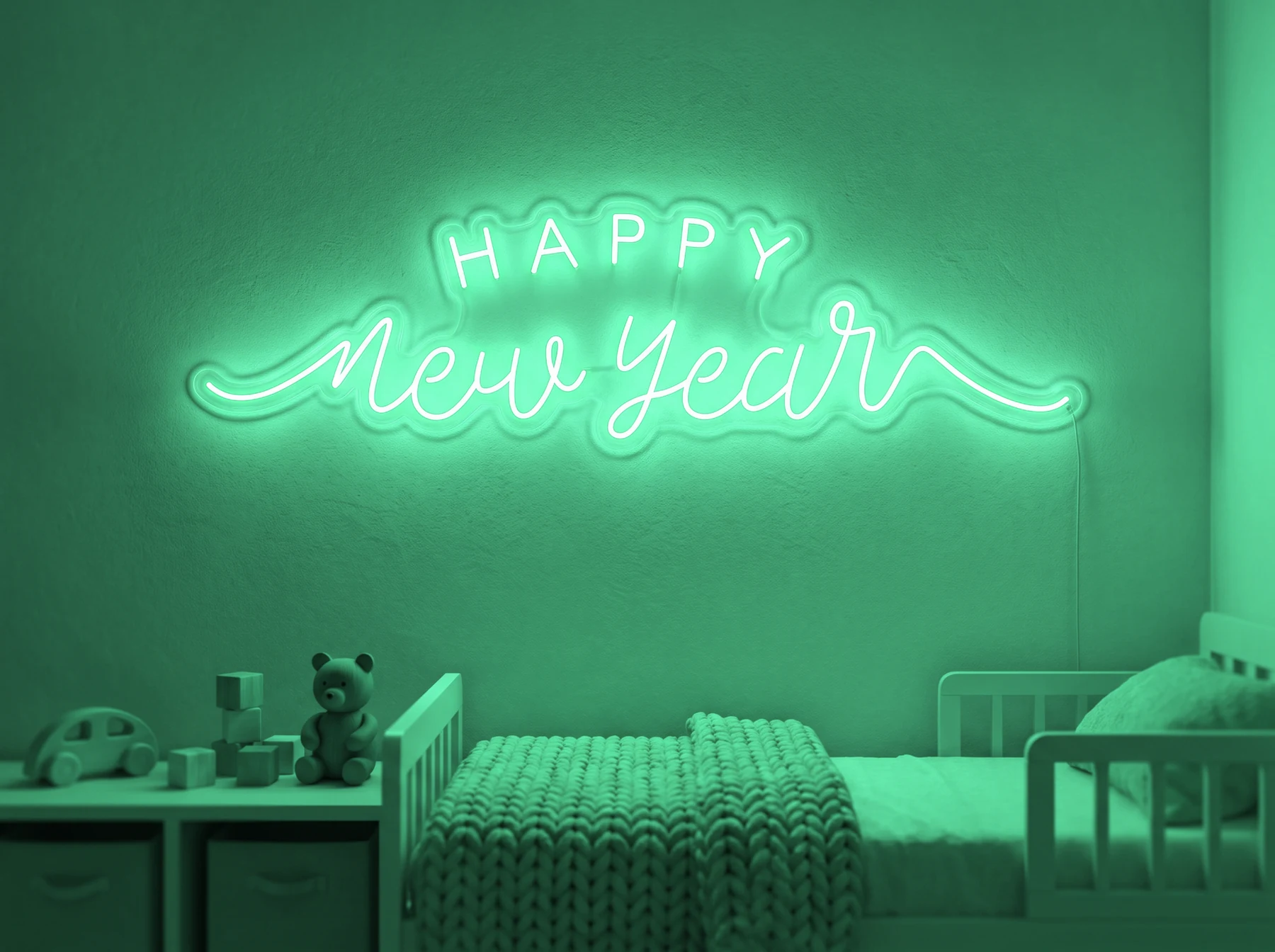 Neonskylt «Happy New Year» i mintgrön LED-neon, monterad på vägg