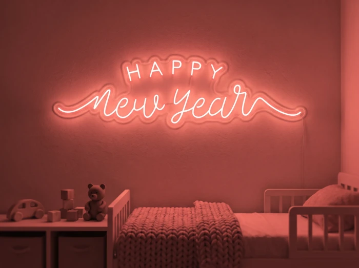 Neonskylt «Happy New Year» i röd LED-neon, monterad på vägg
