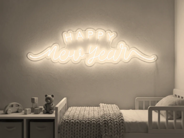 Neonskylt «Happy New Year» i varmvit LED-neon, monterad på vägg