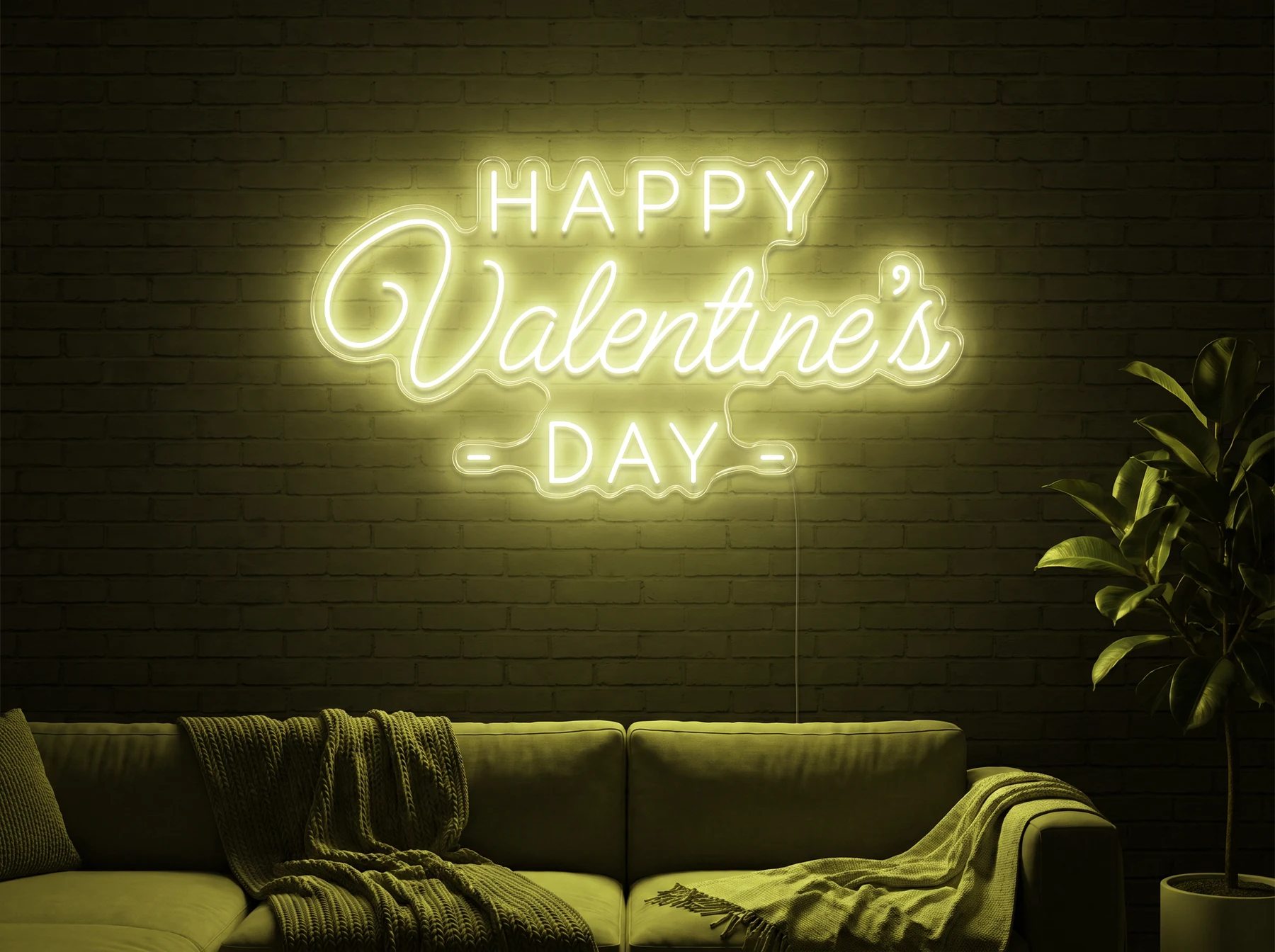 Neonskylt «Happy Valentine’s Day» i gul LED-neon, monterad på vägg