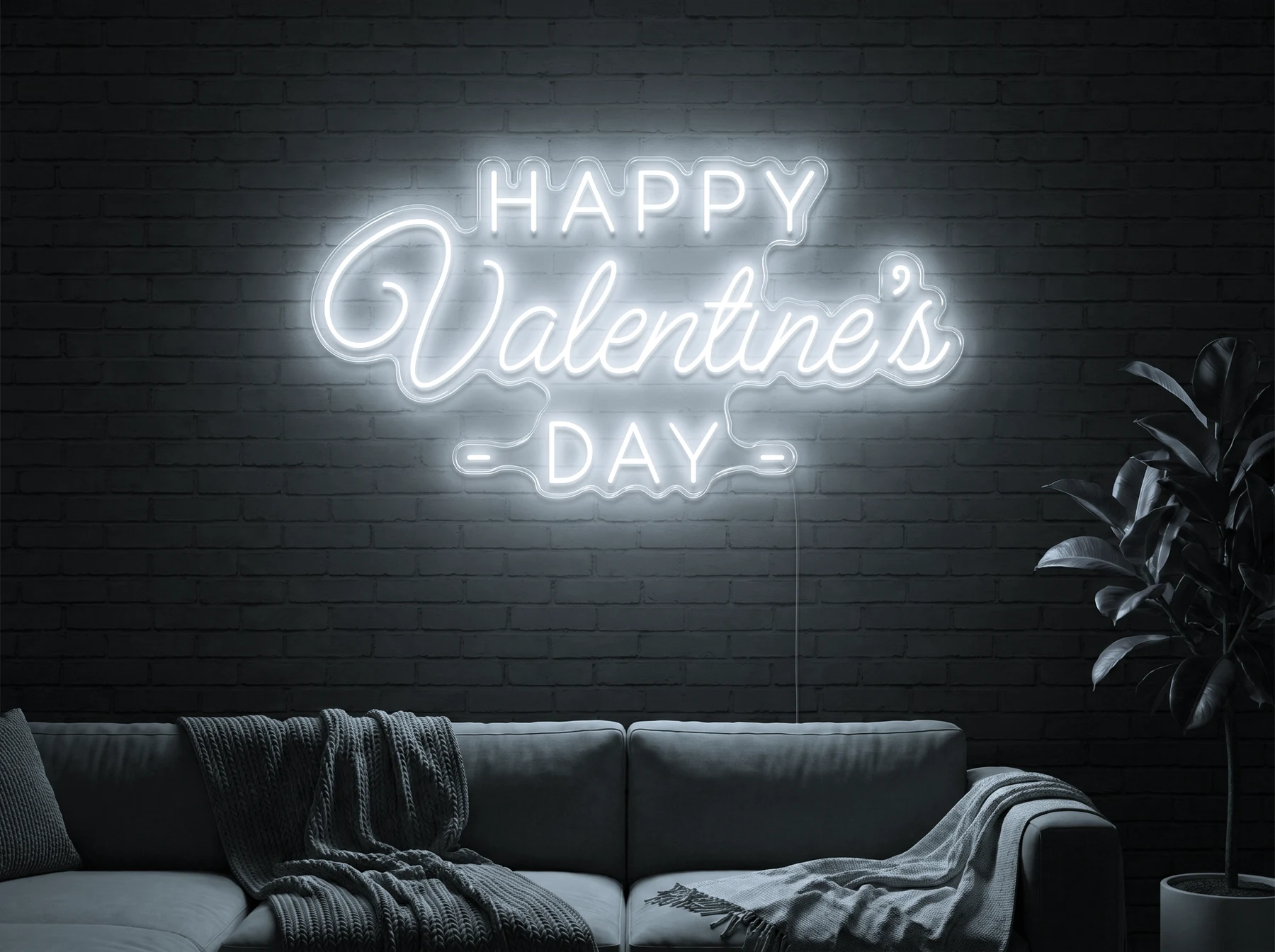 Neonskylt «Happy Valentine’s Day» i iskall vit LED-neon, monterad på vägg