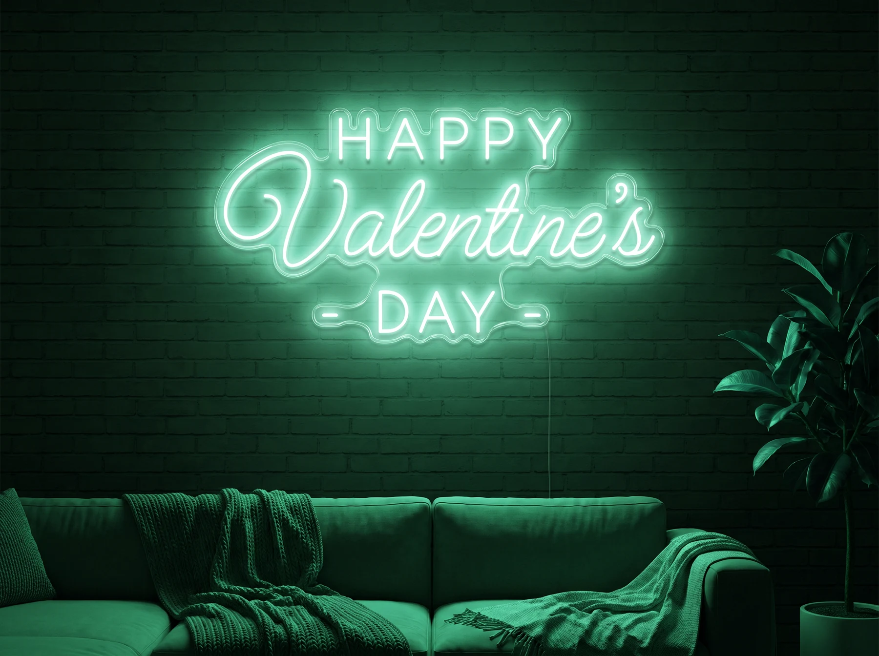 Neonskylt «Happy Valentine’s Day» i mintgrön LED-neon, monterad på vägg