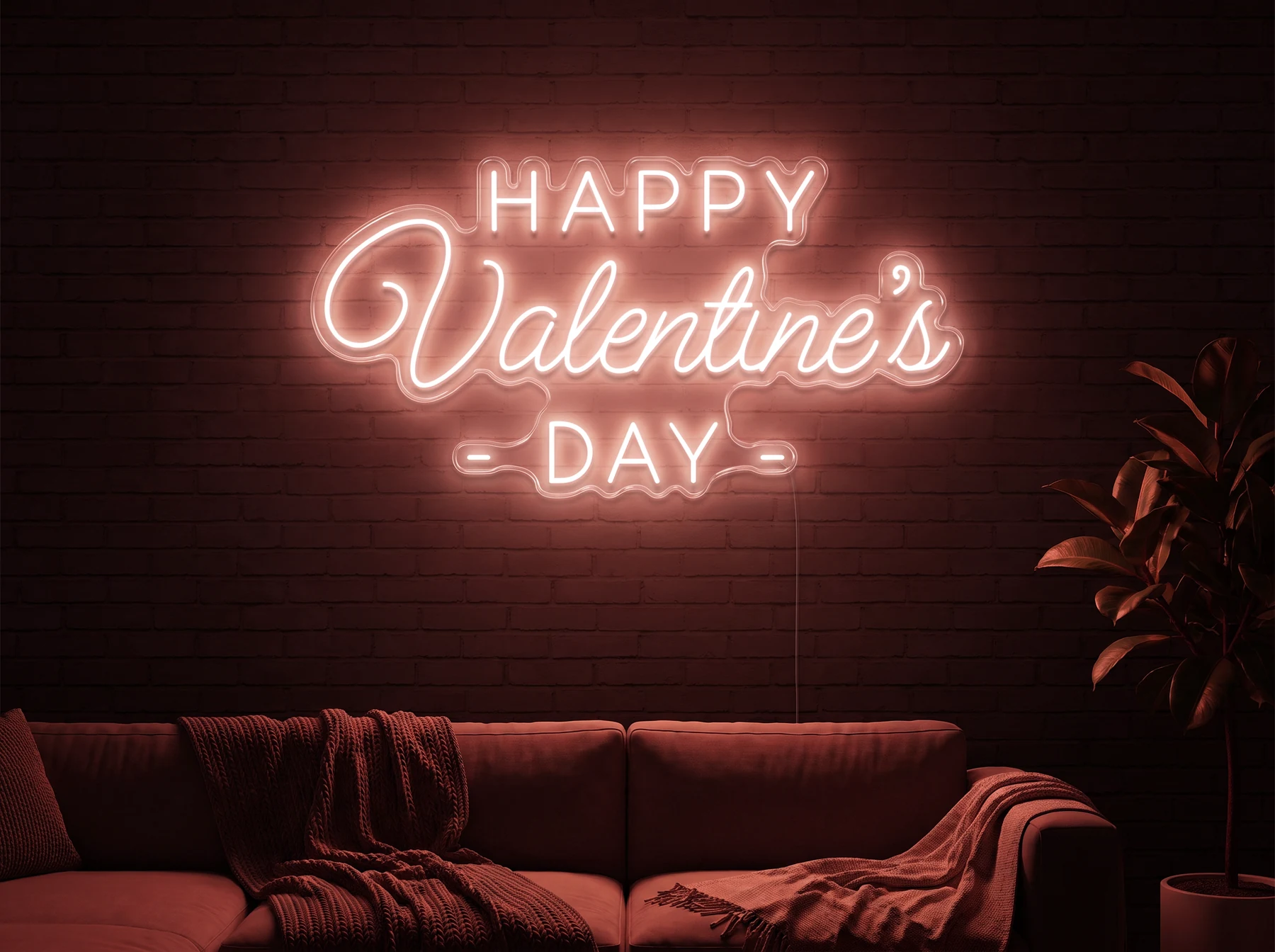 Neonskylt «Happy Valentine’s Day» i röd LED-neon, monterad på vägg