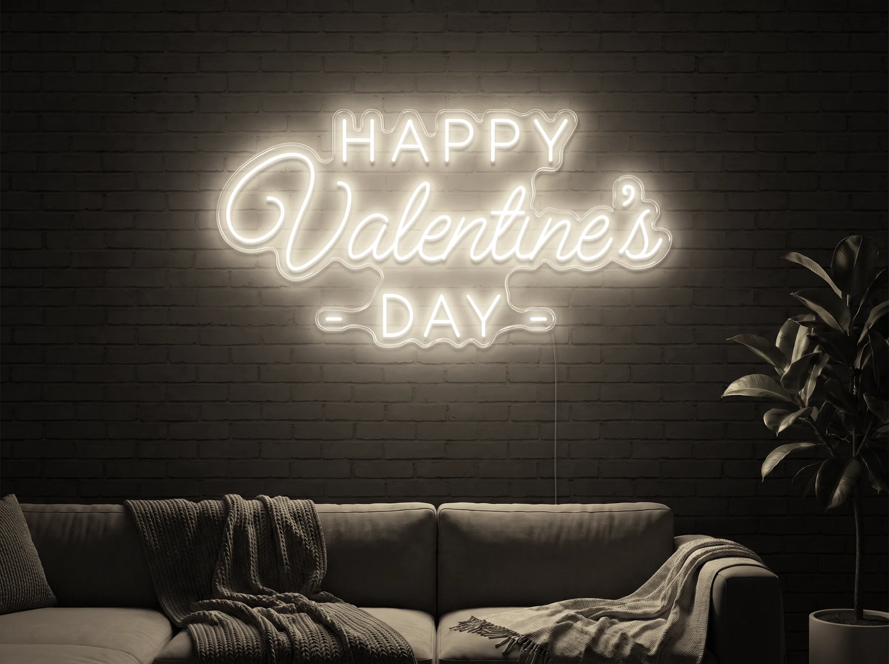 Neonskylt «Happy Valentine’s Day» i varmvit LED-neon, monterad på vägg