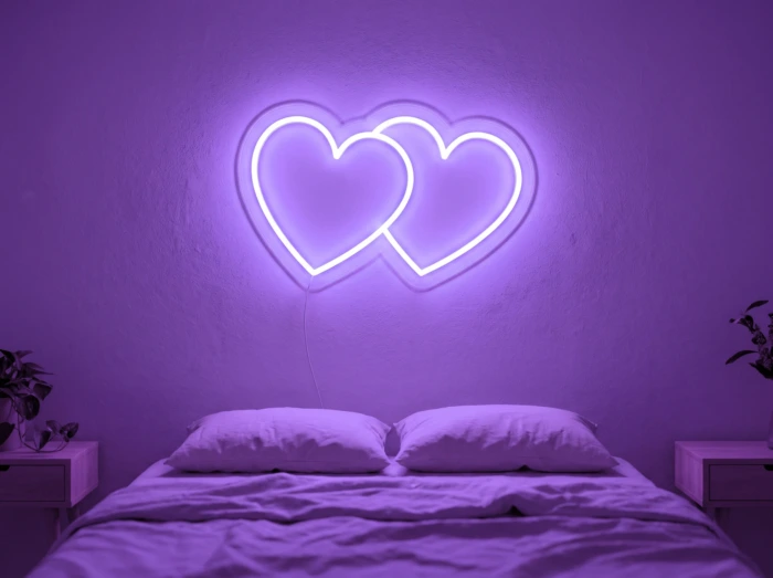 Neonskylt «Hjärtan» i lila LED-neon, monterad på vägg