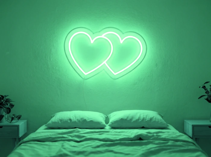 Neonskylt «Hjärtan» i mintgrön LED-neon, monterad på vägg