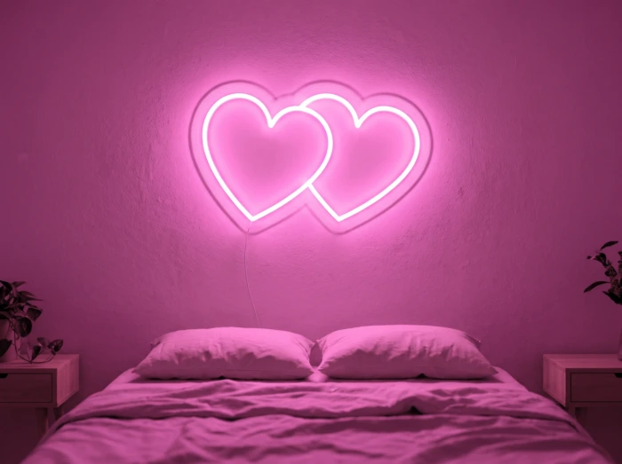 Neonskylt «Hjärtan» i rosa LED-neon, monterad på vägg