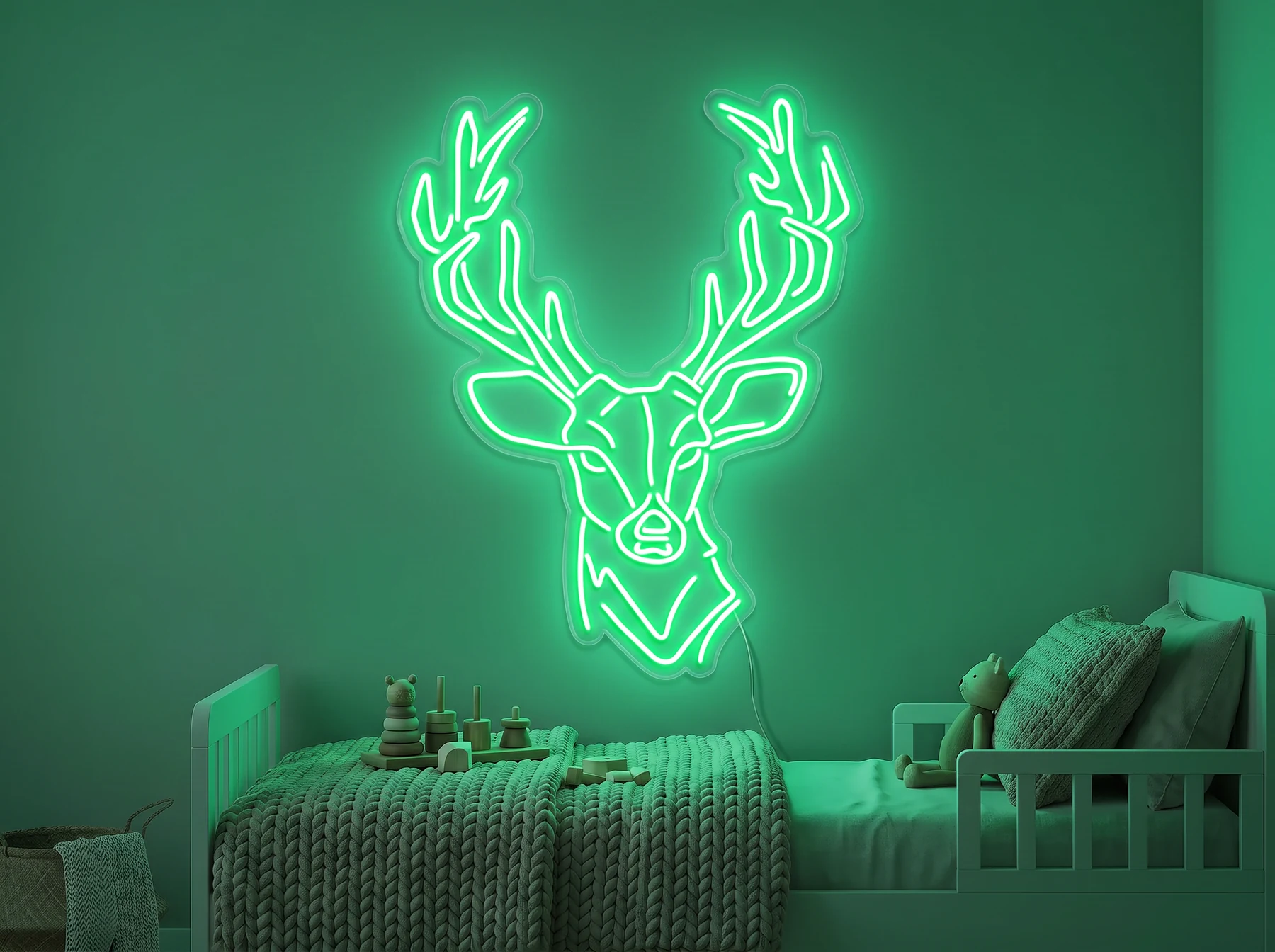 Neonskylt «Hjort» i mintgrön LED-neon, monterad på vägg