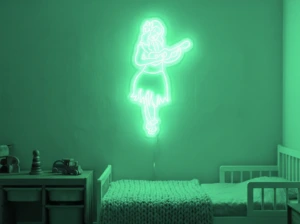 Neonskylt «Huladansös» i mintgrön LED-neon, monterad på vägg