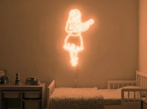 Neonskylt «Huladansös» i orange LED-neon, monterad på vägg