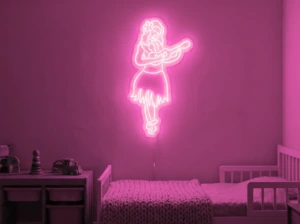 Neonskylt «Huladansös» i rosa LED-neon, monterad på vägg