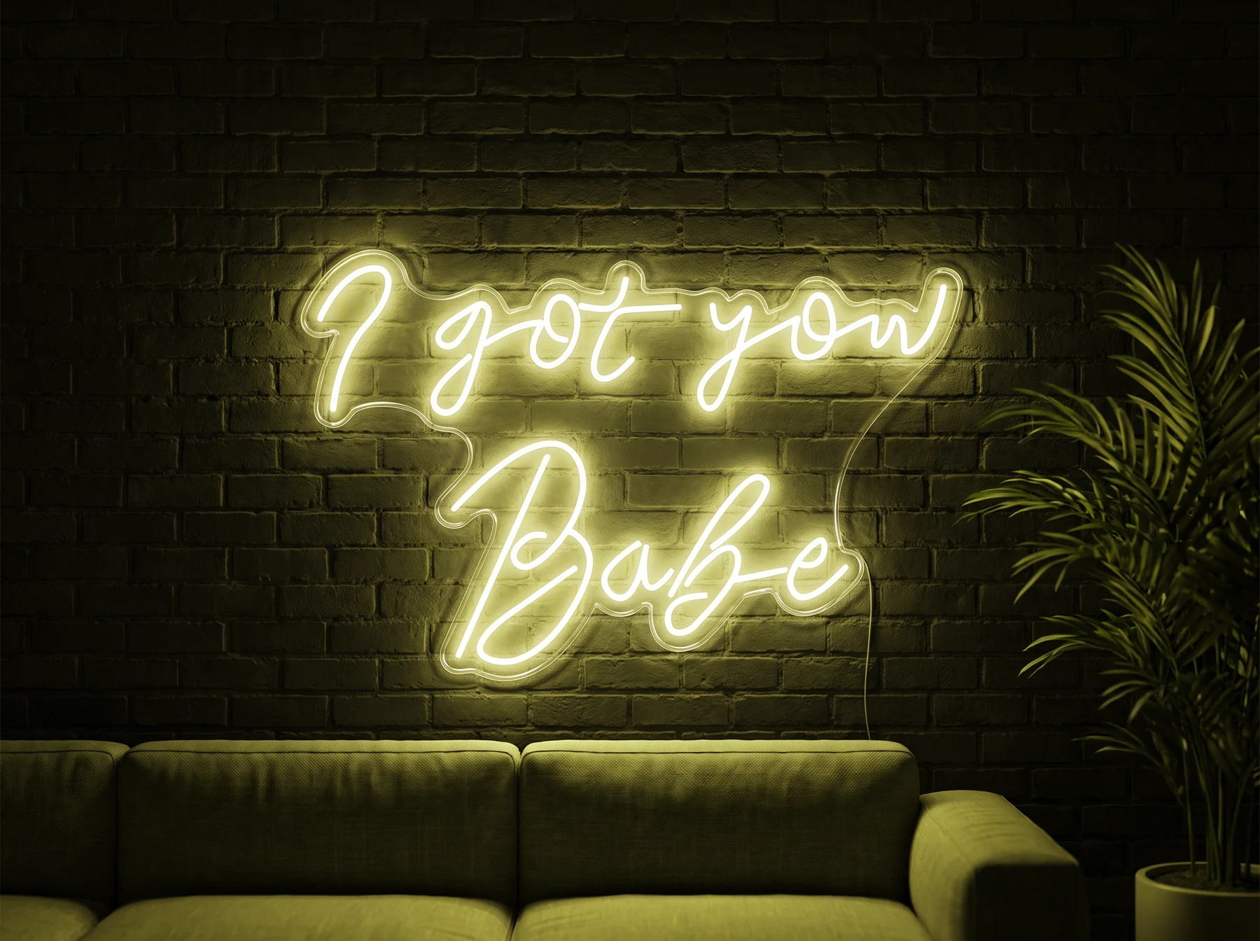 Neonskylt «I Got You Babe» i gul LED-neon, monterad på vägg
