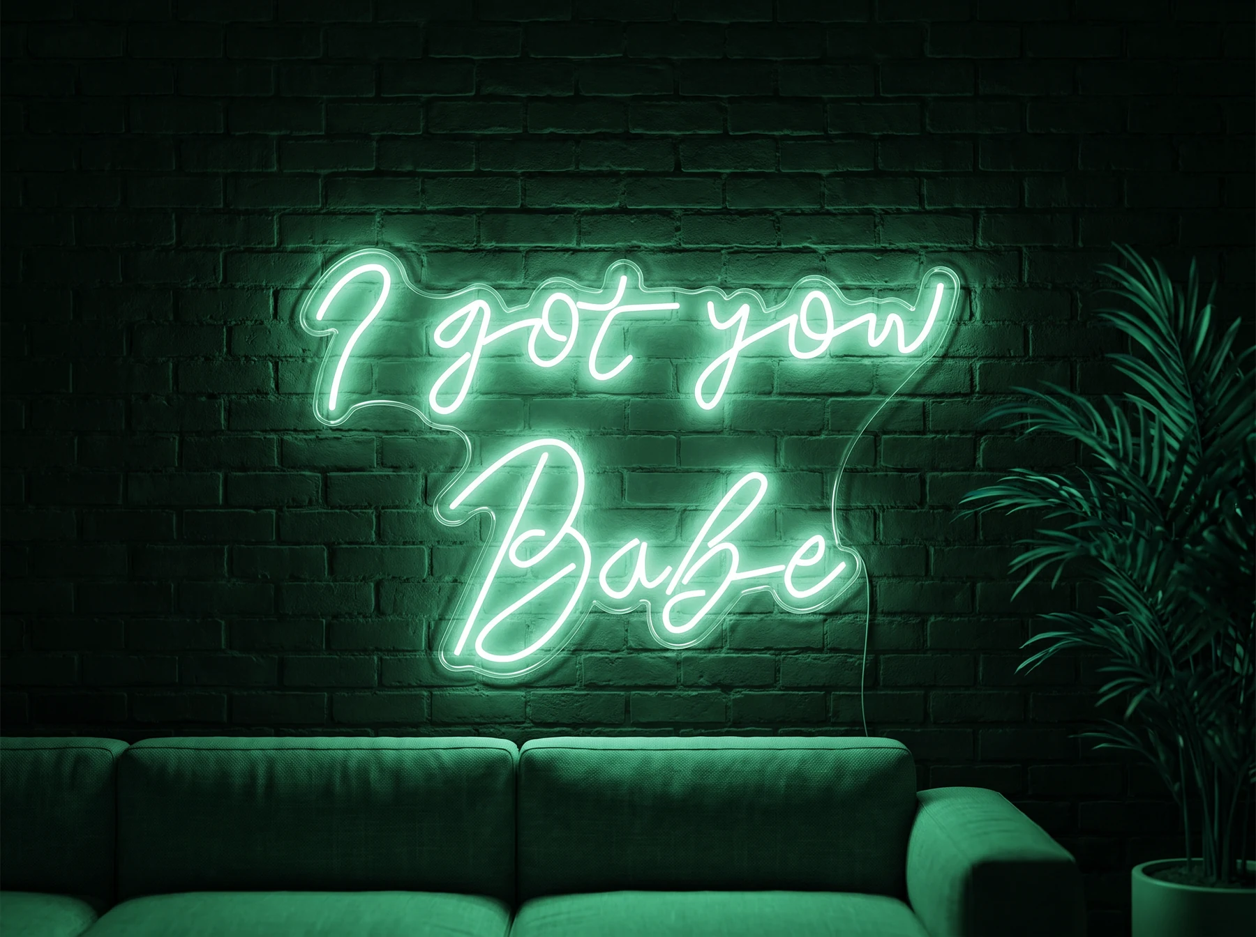 Neonskylt «I Got You Babe» i mintgrön LED-neon, monterad på vägg