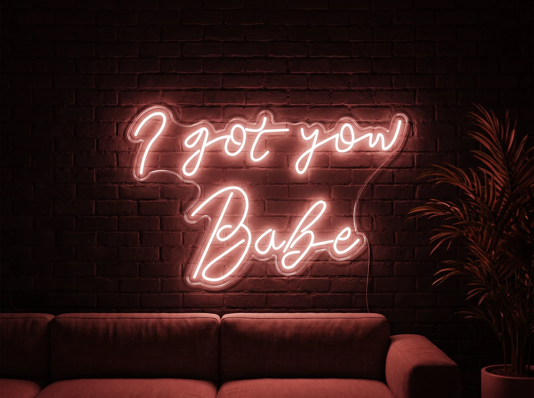 Neonskylt «I Got You Babe» i röd LED-neon, monterad på vägg