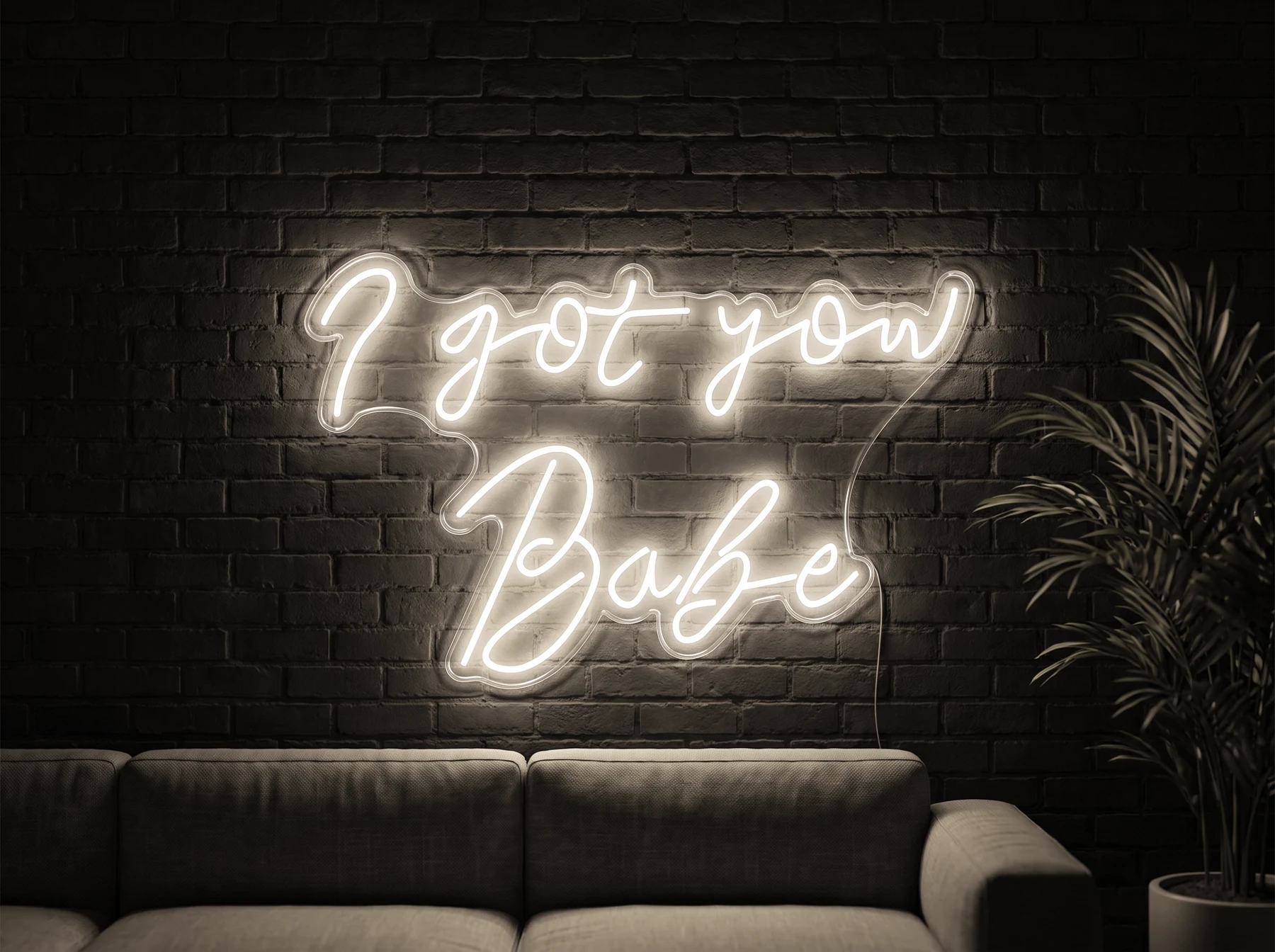 Neonskylt «I Got You Babe» i varmvit LED-neon, monterad på vägg