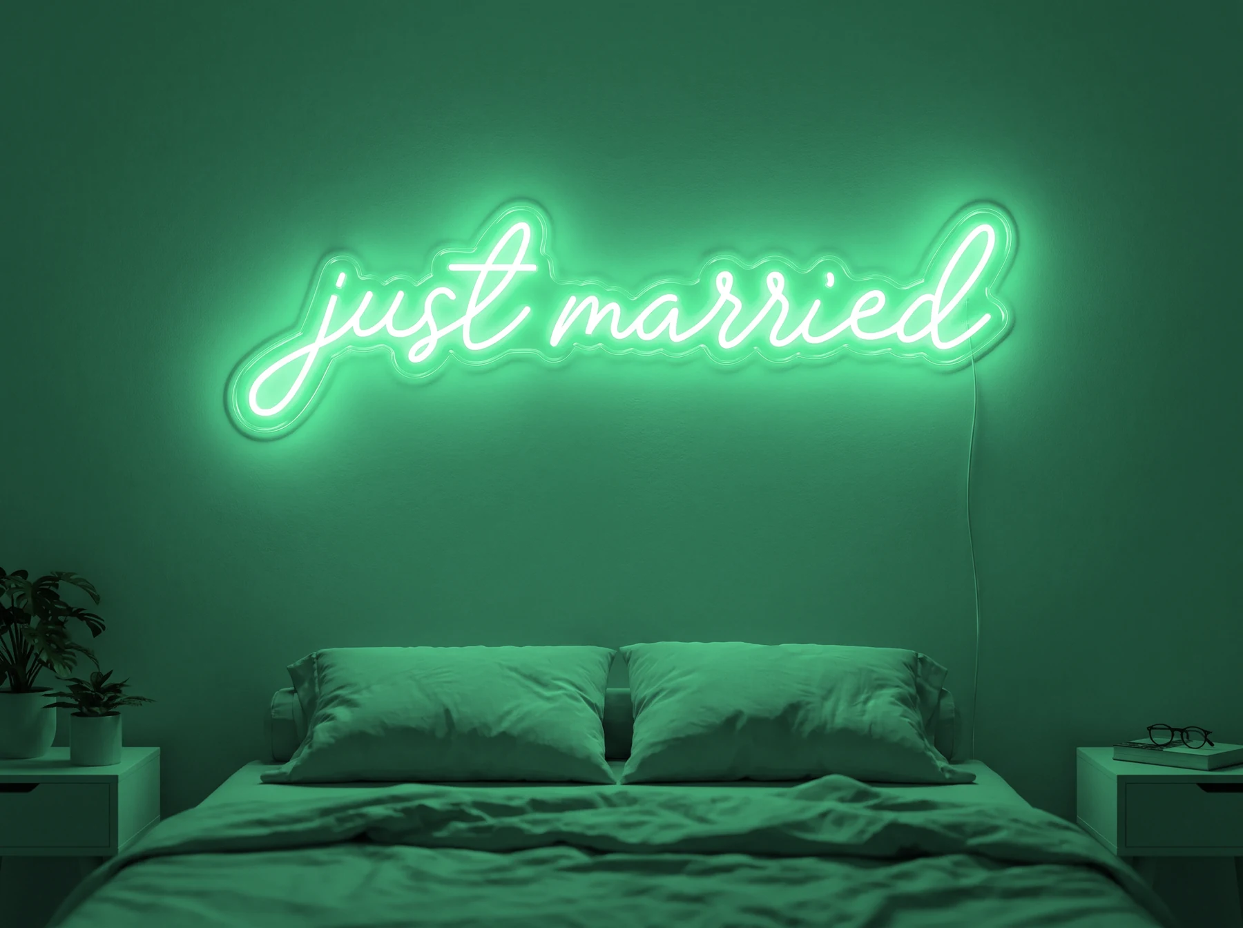 Neonskylt «Just Married» i mintgrön LED-neon, monterad på vägg