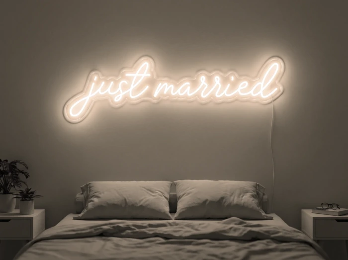 Neonskylt «Just Married» i varmvit LED-neon, monterad på vägg