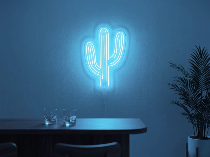 Neonskylt «Kaktus» i isblå LED-neon, monterad på vägg