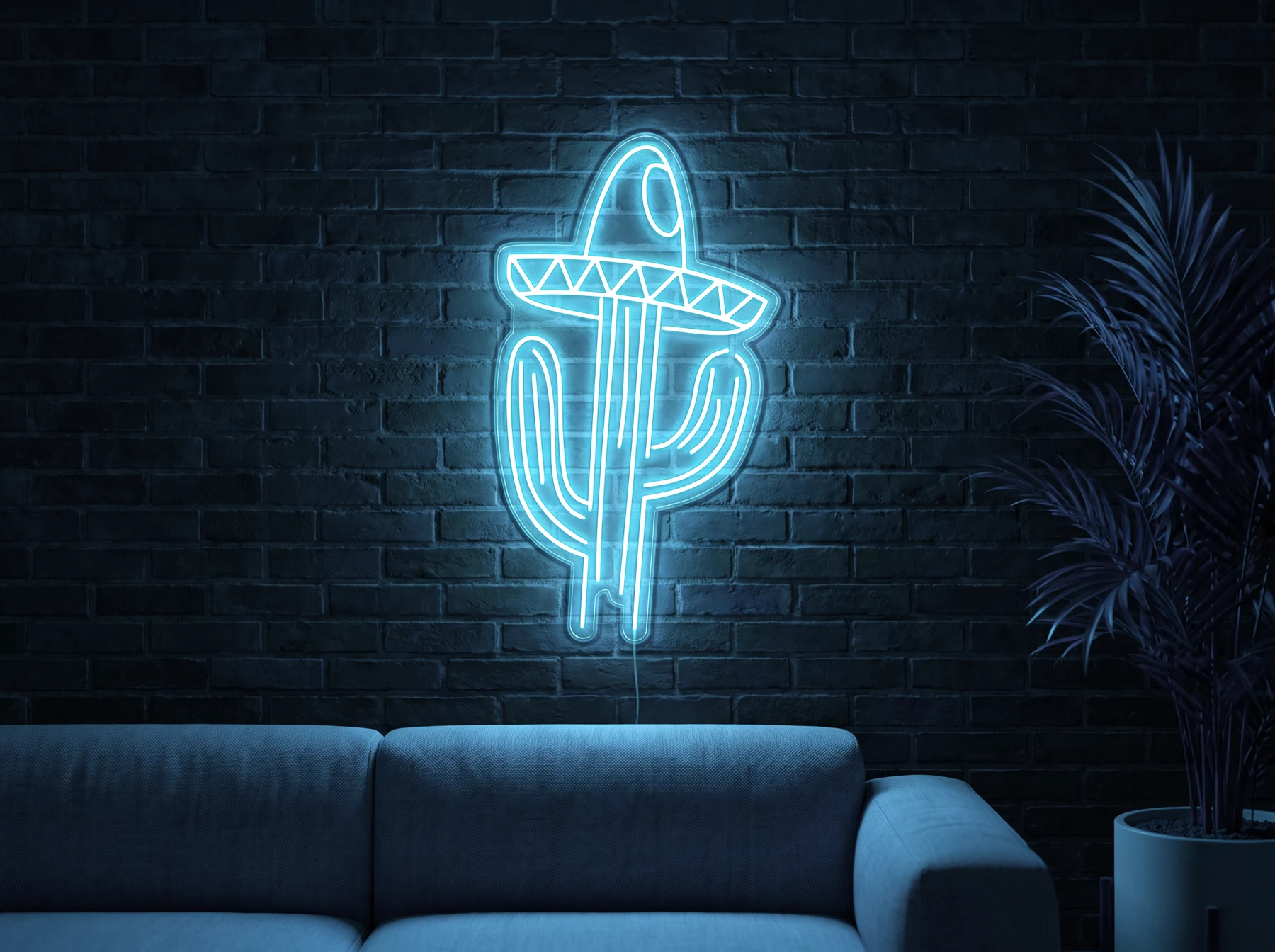 Neonskylt «Kaktus med hatt» i isblå LED-neon, monterad på vägg
