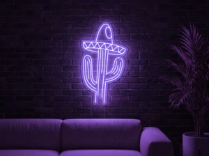 Neonskylt «Kaktus med hatt» i lila LED-neon, monterad på vägg