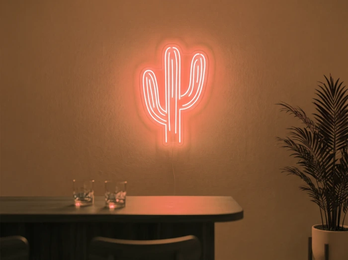 Neonskylt «Kaktus» i orange LED-neon, monterad på vägg