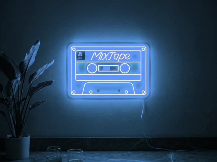 Neonskylt «Kassettband» i isblå LED-neon, monterad på vägg
