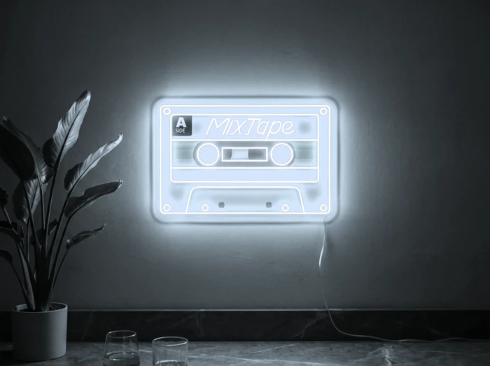 Neonskylt «Kassettband» i iskall vit LED-neon, monterad på vägg