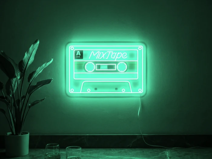 Neonskylt «Kassettband» i mintgrön LED-neon, monterad på vägg