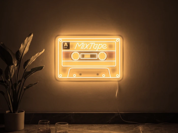 Neonskylt «Kassettband» i orange LED-neon, monterad på vägg