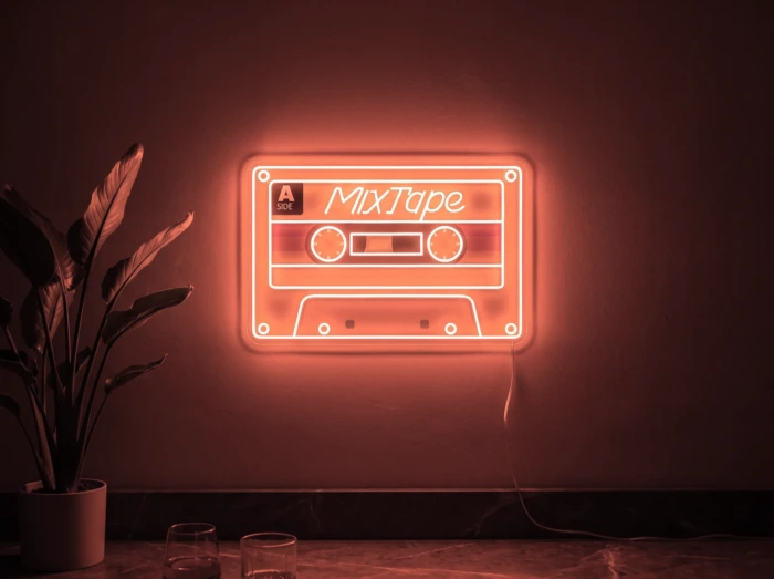 Neonskylt «Kassettband» i röd LED-neon, monterad på vägg