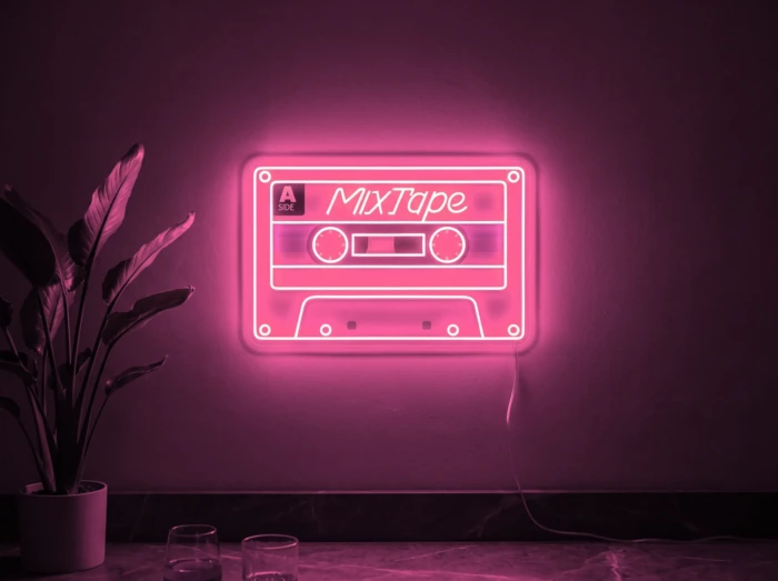 Neonskylt «Kassettband» i rosa LED-neon, monterad på vägg