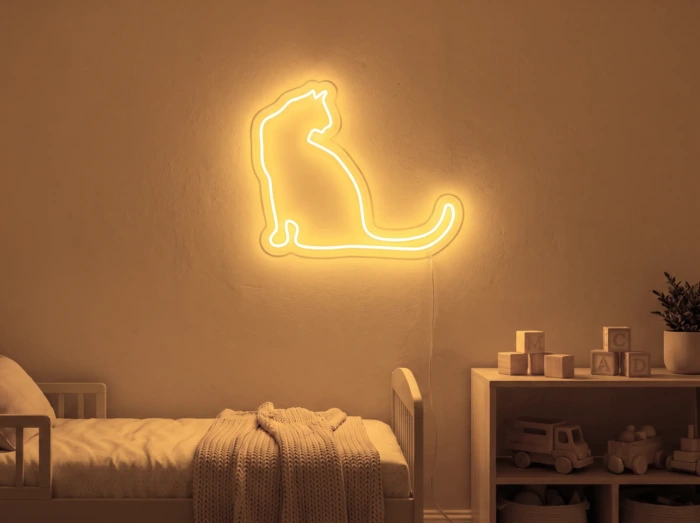 Neonskylt «Katt» i orange LED-neon, monterad på vägg