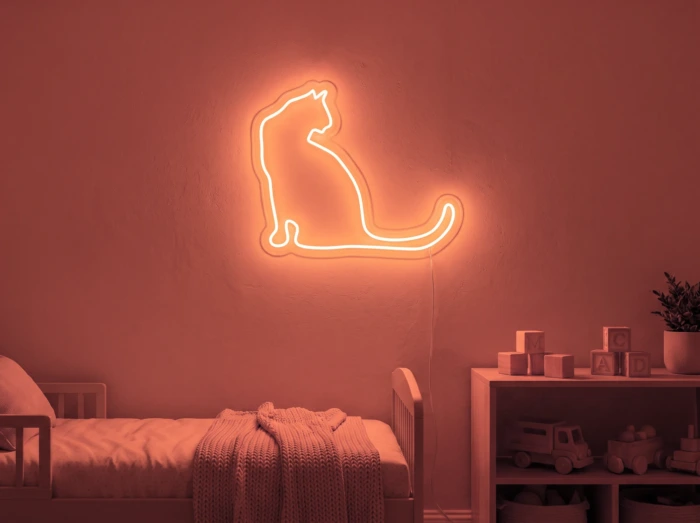 Neonskylt «Katt» i röd LED-neon, monterad på vägg