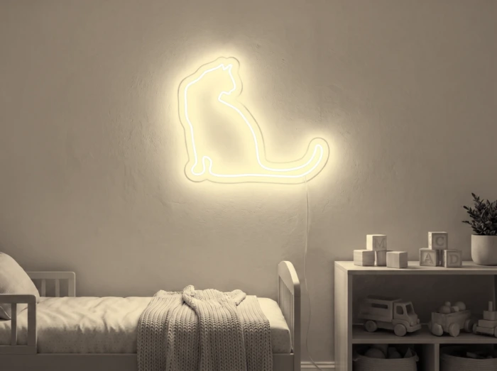Neonskylt «Katt» i varmvit LED-neon, monterad på vägg
