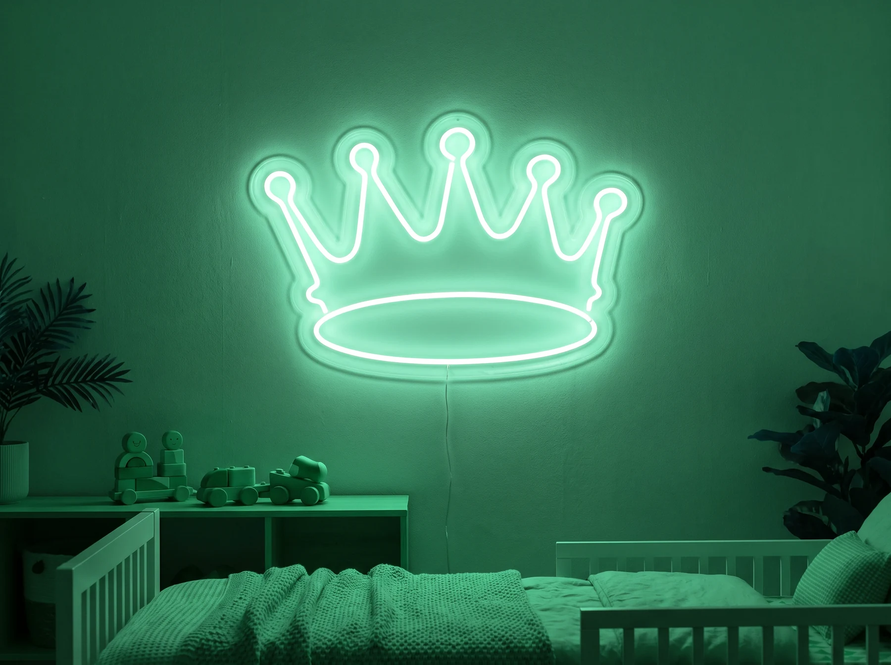 Neonskylt «Krona, smal» i mintgrön LED-neon, monterad på vägg