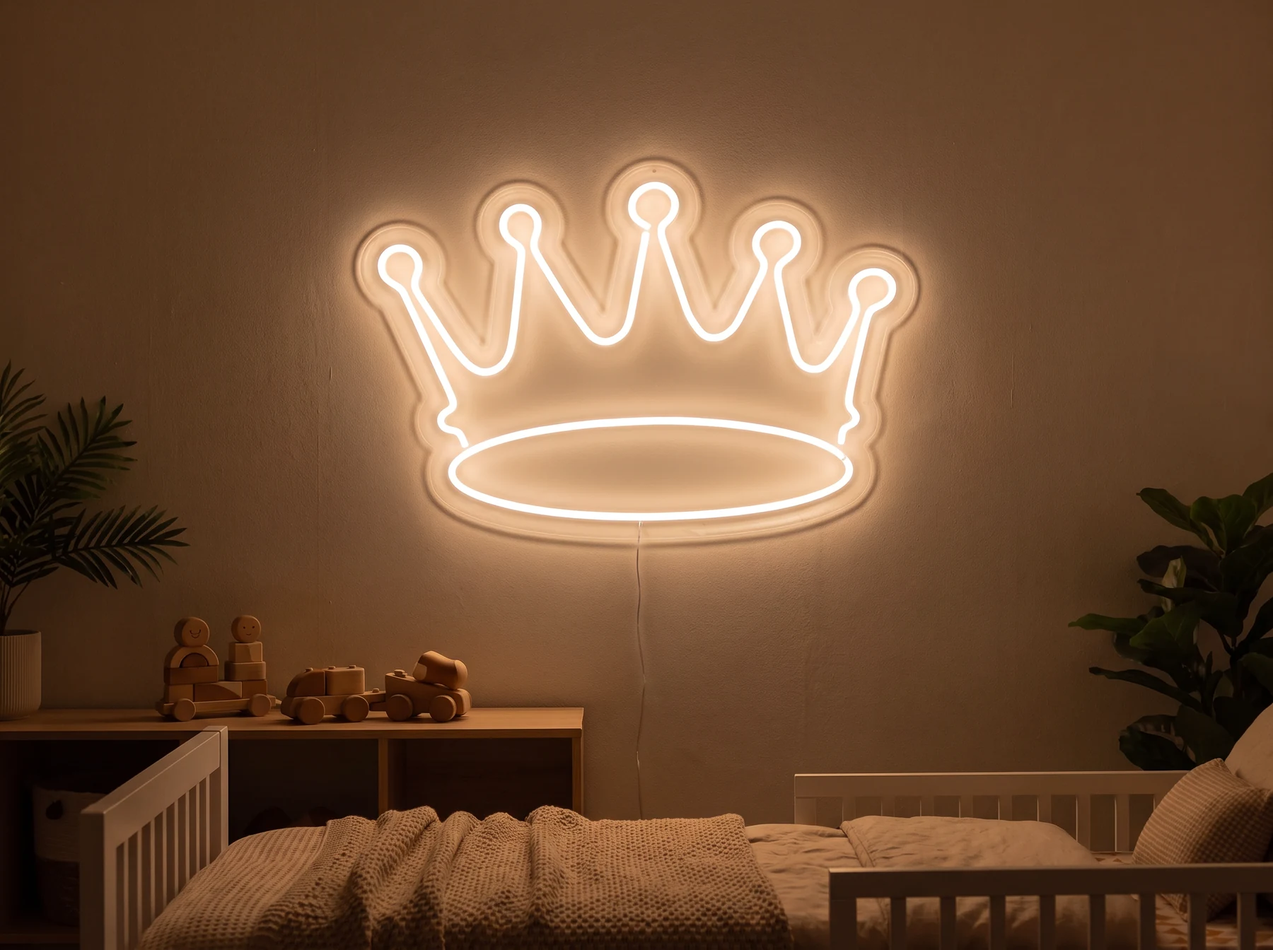 Neonskylt «Krona, smal» i orange LED-neon, monterad på vägg