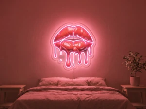 Neonskylt «Läppar» i röd LED-neon, monterad på vägg