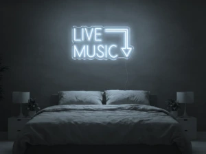 Neonskylt «Live Music» i iskall vit LED-neon, monterad på vägg
