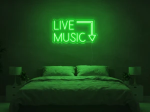 Neonskylt «Live Music» i mintgrön LED-neon, monterad på vägg