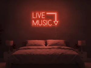 Neonskylt «Live Music» i röd LED-neon, monterad på vägg