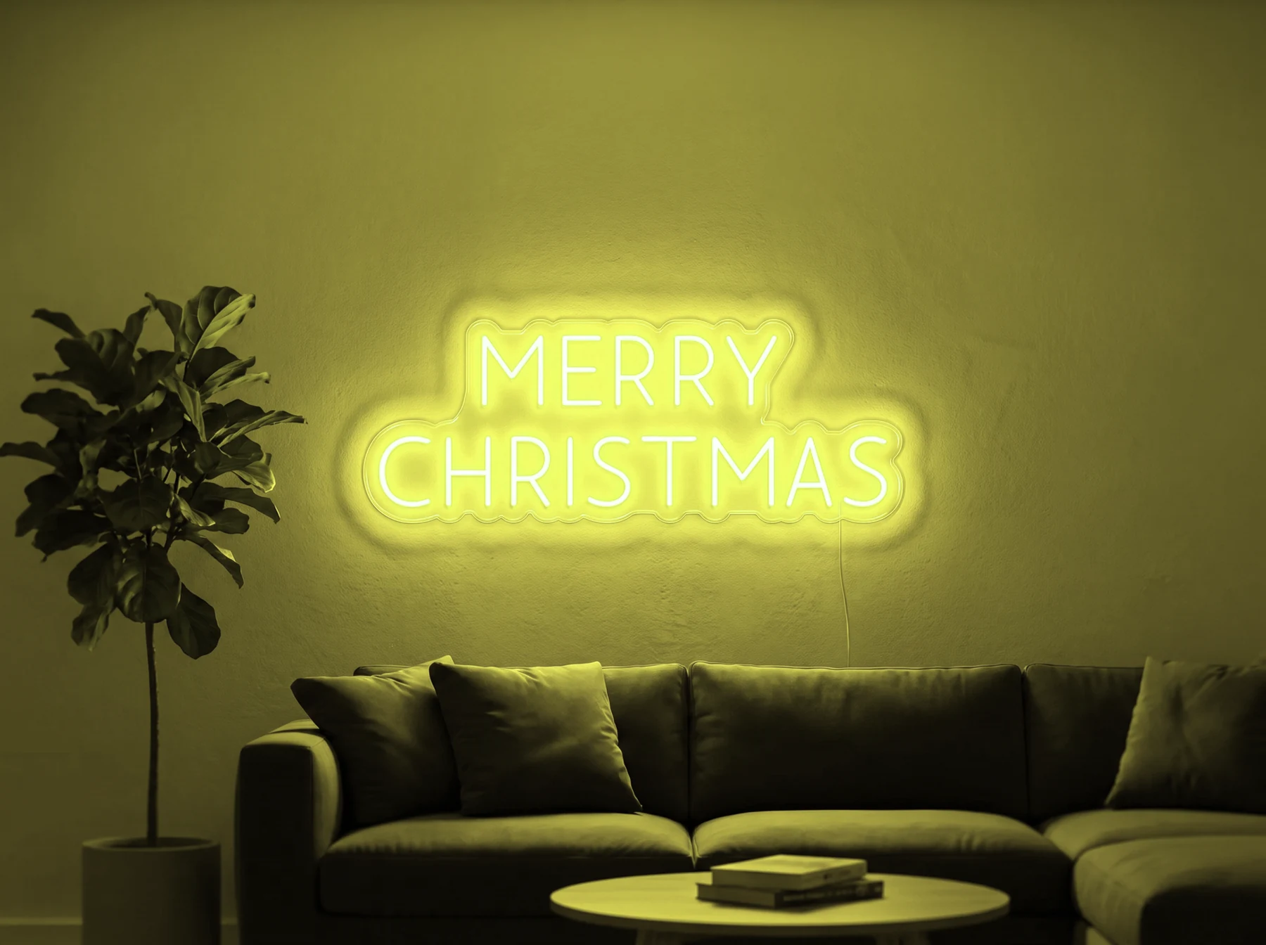 Neonskylt «Merry Christmas, versaler» i gul LED-neon, monterad på vägg