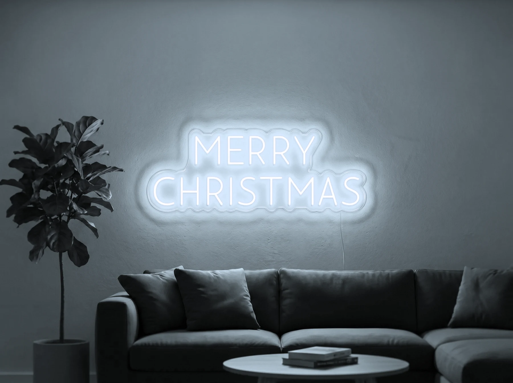 Neonskylt «Merry Christmas, versaler» i iskall vit LED-neon, monterad på vägg
