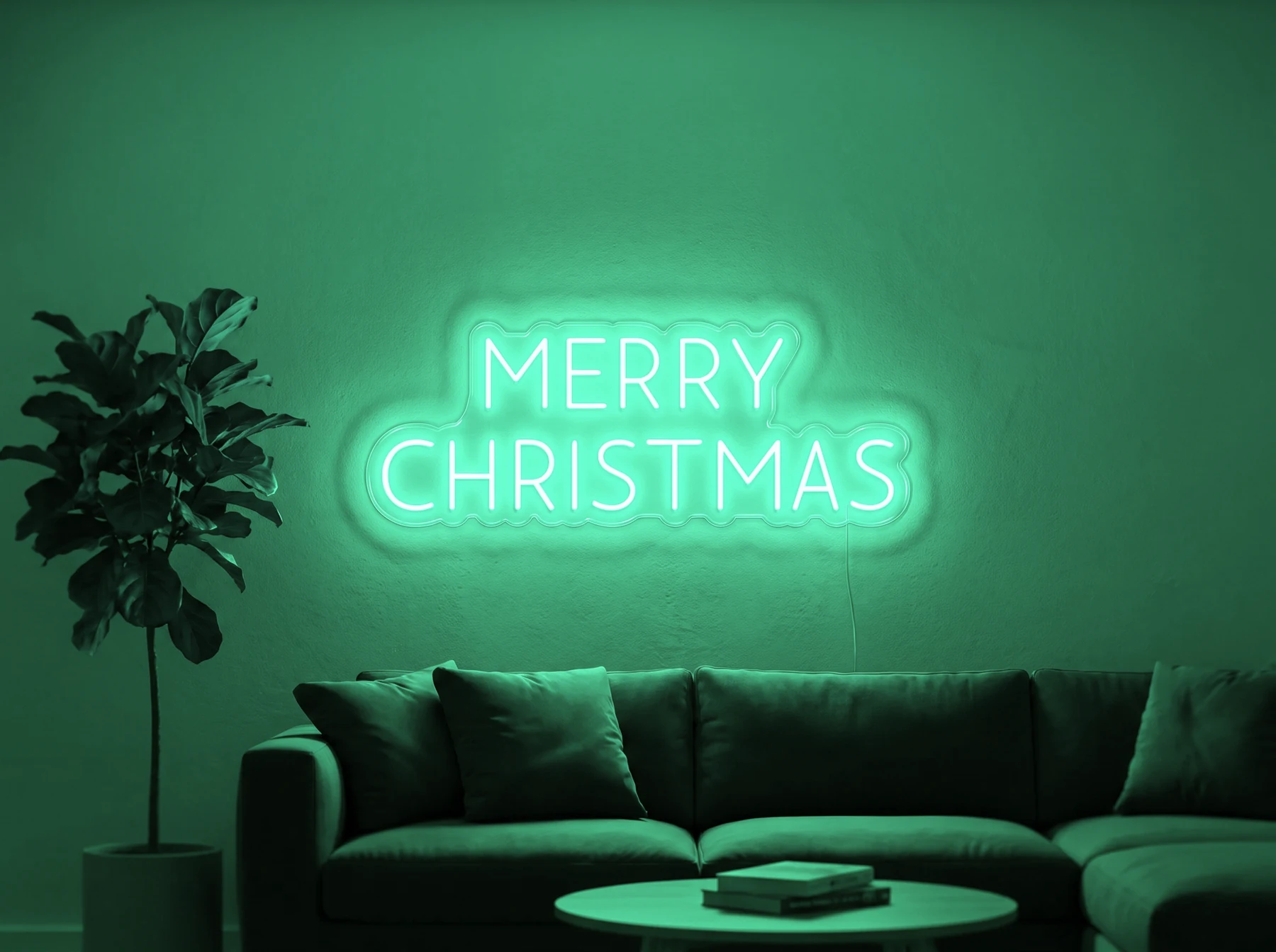 Neonskylt «Merry Christmas, versaler» i mintgrön LED-neon, monterad på vägg