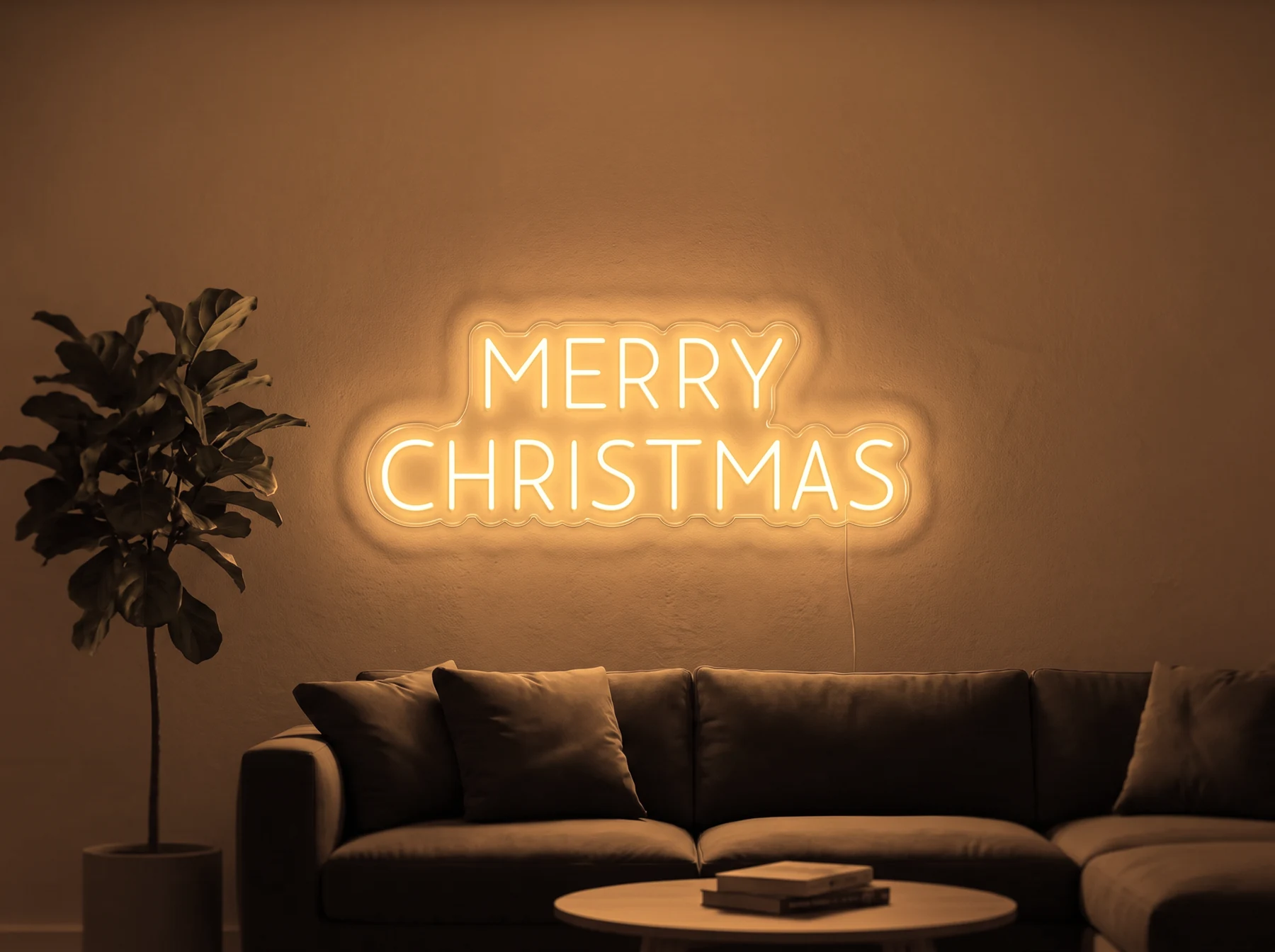 Neonskylt «Merry Christmas, versaler» i orange LED-neon, monterad på vägg