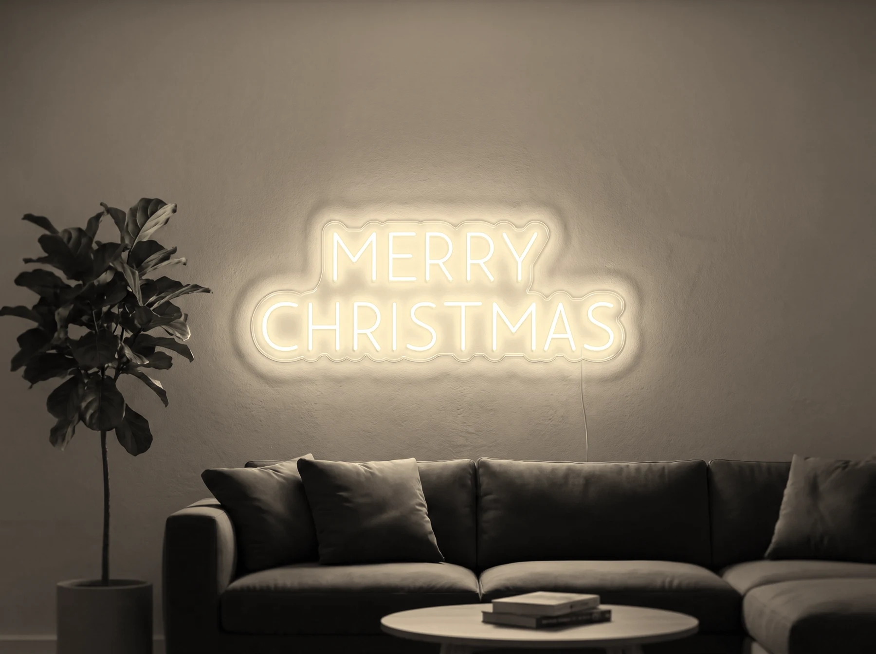 Neonskylt «Merry Christmas, versaler» i varmvit LED-neon, monterad på vägg