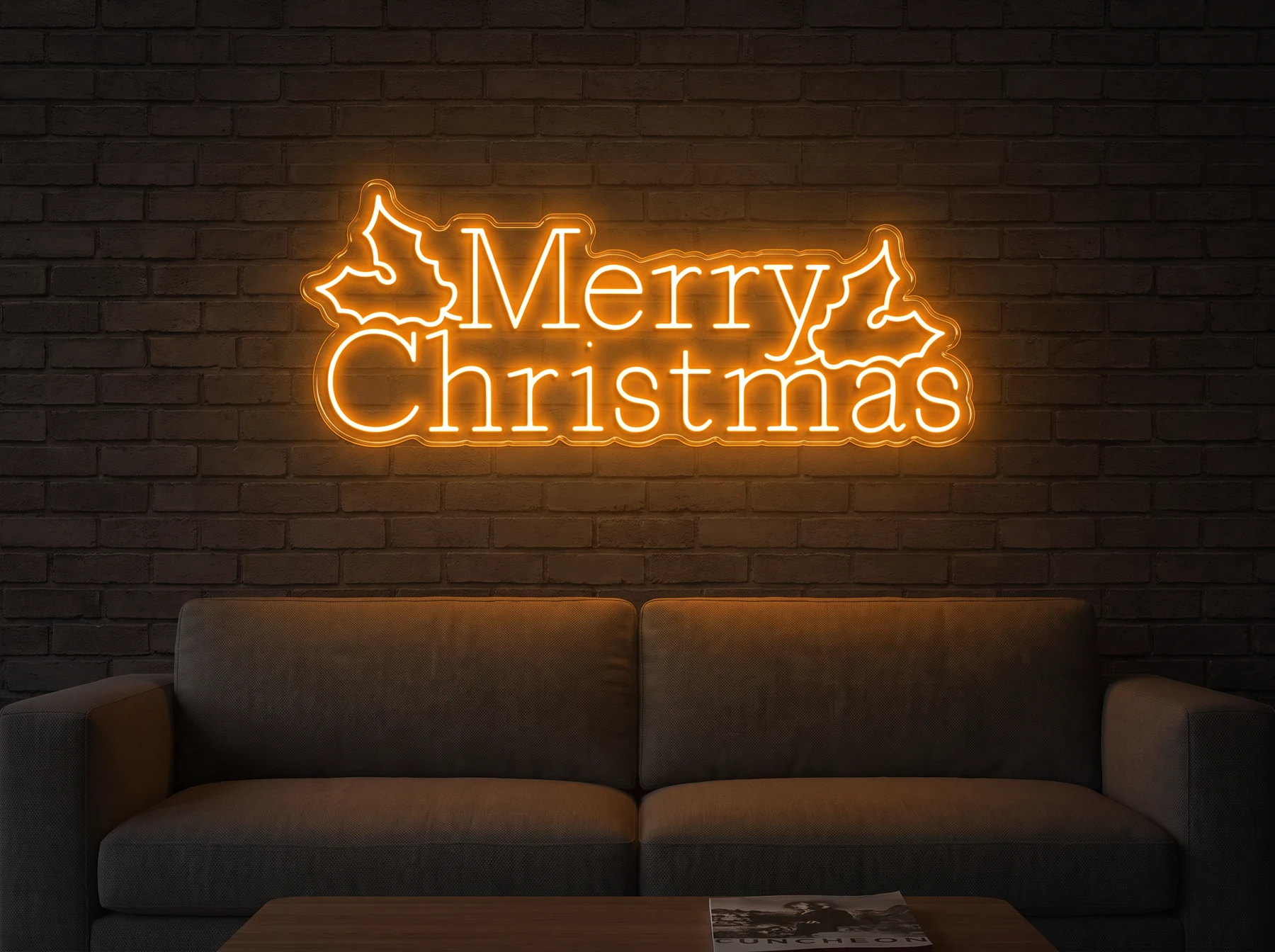 Neonskylt «Merry Christmas» — texten Merry Christmas i skrivstil, i LED-neon på vägg