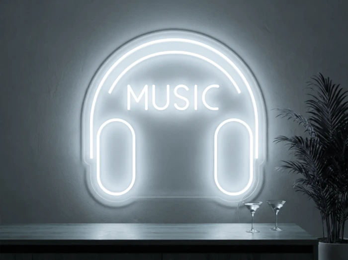 Neonskylt «Musik» i iskall vit LED-neon, monterad på vägg
