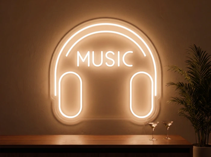 Neonskylt «Musik» i orange LED-neon, monterad på vägg