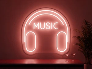 Neonskylt «Musik» i röd LED-neon, monterad på vägg